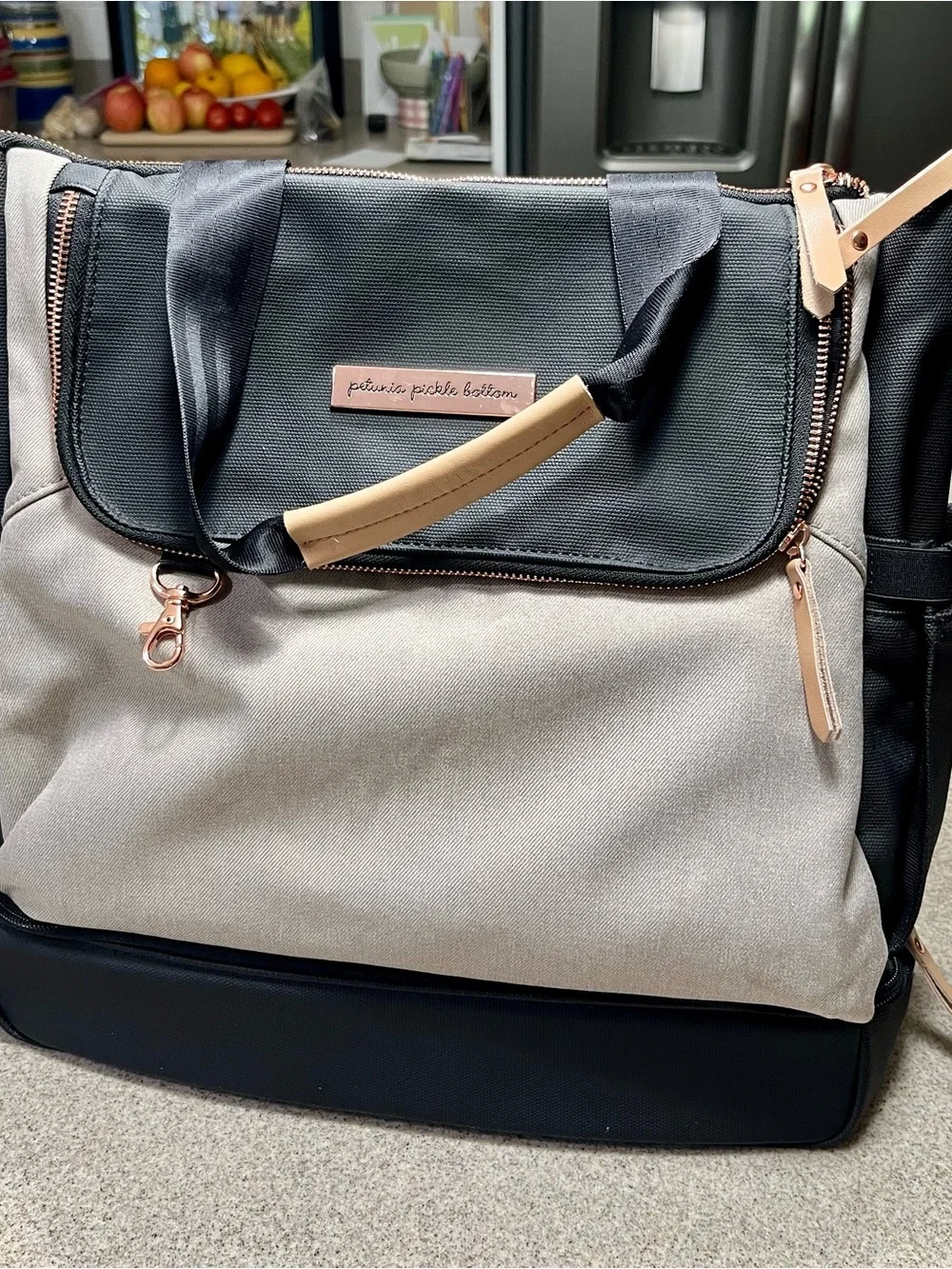 Petunia Pickle Bottom Cream and Black Cross-Print Bag with Rose Gold Hardware